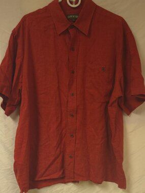 Orvis Mens XL Orange Red Hemp Blend Short Sleeve Button Up Relaxed Fit Shirt